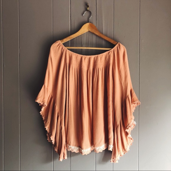 Hayden Los Angeles Tops - Bell Sleeve Off the Shoulder Crochet Trim Top